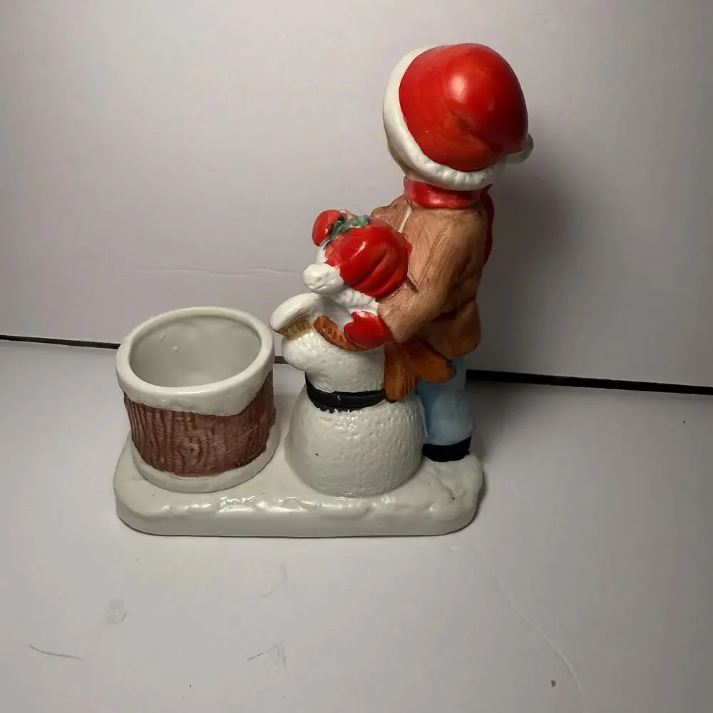 VINTAGE 1980 Holiday Christmas Bisque‎ Kids Snow Friends Candle Holder #1913